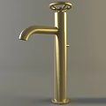 Golden Modern Faucet With Sleek Brushed Metal Design And Curved Spout