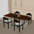 Modern Wooden Oval Brown Dining Table with Black Frame White Seat Chairs and Pendant Lights