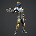 Man Wearing Gray Orange Blue Futuristic Armor Holding High Tech Gun