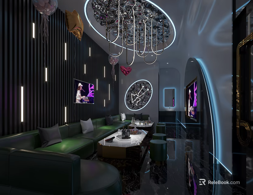 Modern Luxury KTV Interior With Chandelier TV Screens Green Sofa And Ambient Lighting 3d model 