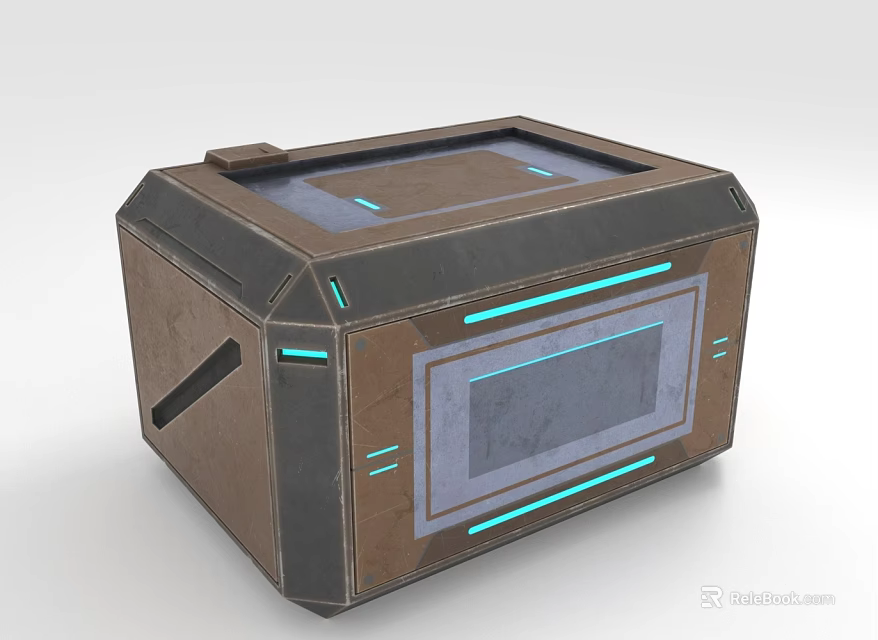Futuristic Storage Box With Brown Gray Exterior Blue Glowing Lines And Metallic Frame 3d model 