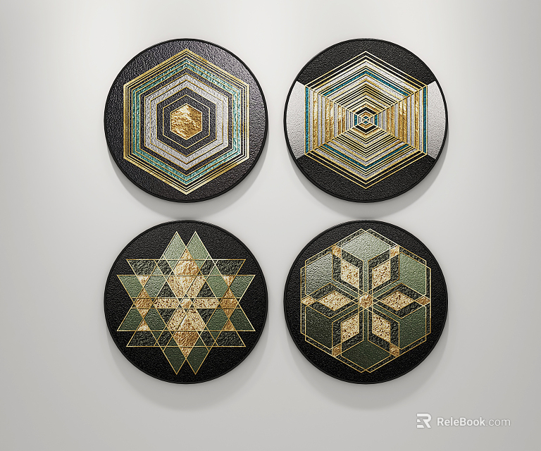 Round Framed Paintings With Intricate Geometric Patterns Gold Black Green Decorative Wall Art 3d model 