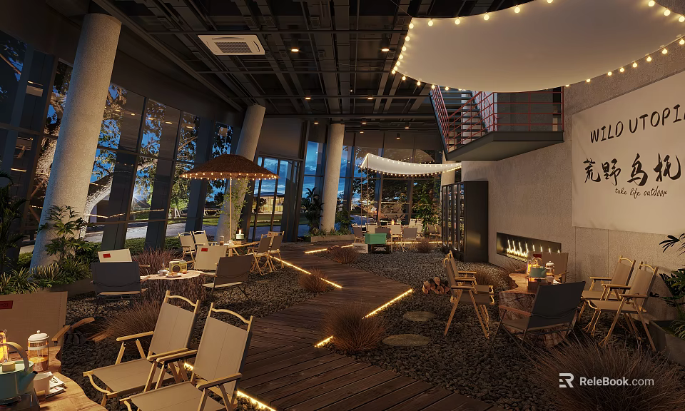 Cozy Outdoor Restaurant Patio With String Lights Wooden Deck Tables And Chairs 3d model 