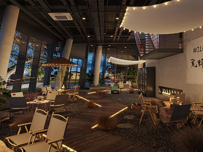 Cozy Outdoor Restaurant Patio With String Lights Wooden Deck Tables And Chairs 3d model