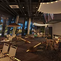Cozy Outdoor Restaurant Patio With String Lights Wooden Deck Tables And Chairs