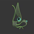 Cartoon Scene With Green Leaf Like Sculpture And Golden Circular Decorations On Dark Background