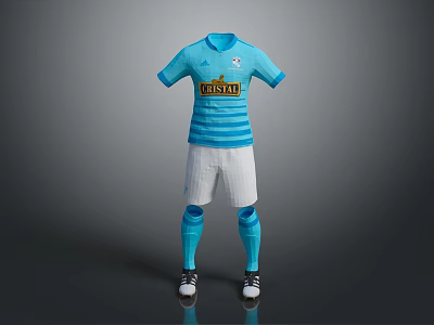 Blue Soccer Jersey With White Stripes KISTA Logo White Shorts Blue Socks Black White Shoes 3d model