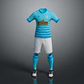 Blue Soccer Jersey With White Stripes KISTA Logo White Shorts Blue Socks Black White Shoes