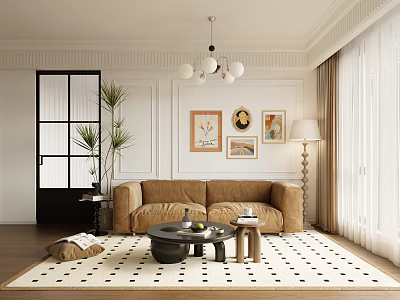 Modern Living Room Interior Featuring Beige Sofa Black Coffee Table Checkered Rug And Wall Art 3d model
