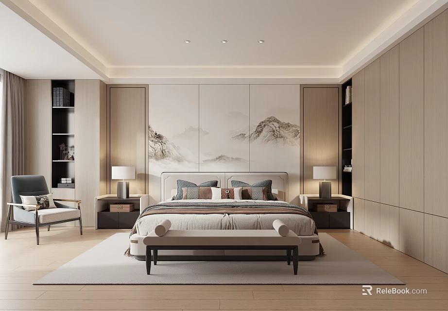 Modern Bedroom Interior Design With Landscape Painting Wall Bed Nightstands And Built in Wardrobe 3d model 