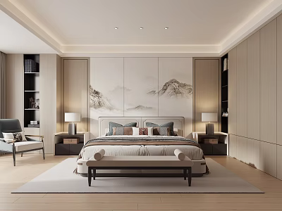 Modern Bedroom Interior Design With Landscape Painting Wall Bed Nightstands And Built in Wardrobe 3d model
