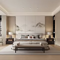 Modern Bedroom Interior Design With Landscape Painting Wall Bed Nightstands And Built in Wardrobe