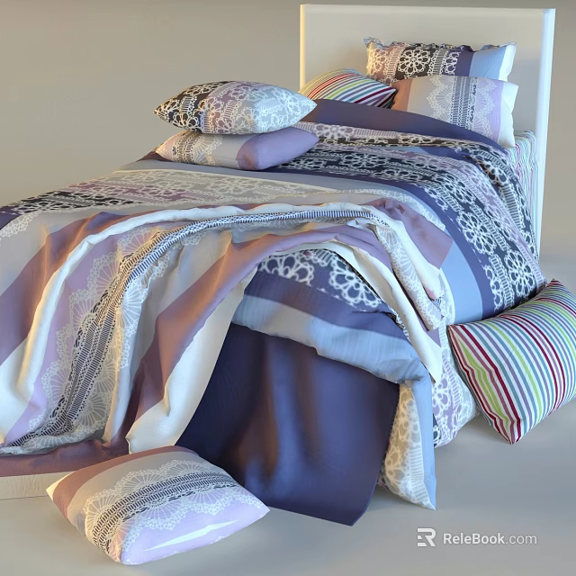 Stylish Single Bed With Patterned Bedspread Colorful Pillows And Striped Cushion 3d model 