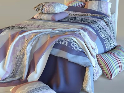 Stylish Single Bed With Patterned Bedspread Colorful Pillows And Striped Cushion 3d model