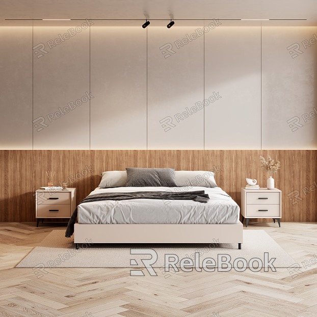 Bedroom-Quiet Style Bedside Double Bed Background Double Bed Bed Bed Frame Bedside Cabinet Cream Style Modern model