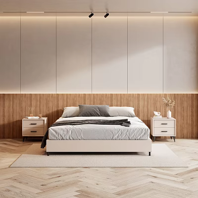 Modern Double Bed Bedroom Interior With Wooden Headboard White Nightstands Gray Blanket And Pillows 3d model