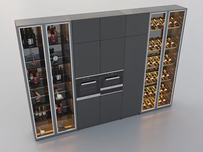 Modern Wine Cabinet With Gray Cabinetry Glass Doors LED Lighting And Wine Bottles 3d model