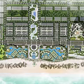 Coastal Commercial Street with Beachfront Area High Rise Buildings and Green Landscaping