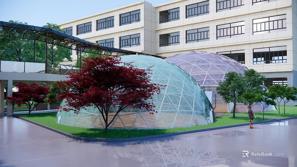 Modern Building Exterior Featuring Glass Dome Structure With Landscaped Trees And Lawn 3d model 