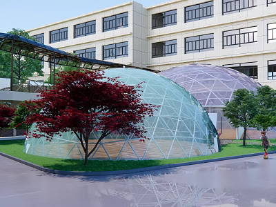 Modern Building Exterior Featuring Glass Dome Structure With Landscaped Trees And Lawn 3d model