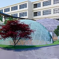 Modern Building Exterior Featuring Glass Dome Structure With Landscaped Trees And Lawn