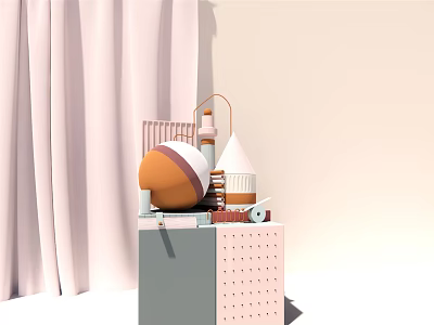 Stylish Home Decor With Pink Curtains Polka Dot Cabinet Orange White Sphere Cone And Bottles 3d model