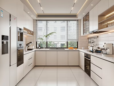 Modern Kitchen Interior Design With White Cabinets Island Counter And Appliances 3d model