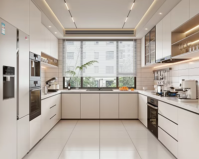 Modern Kitchen Interior Design With White Cabinets Island Counter And Appliances 3d model