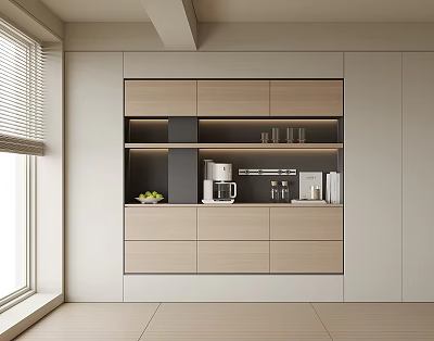 Modern Sideboard Interior Design With Wooden Cabinets Coffee Maker And Glassware 3d model