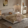 Elegant Cream White Upholstered Double Bed With Soft Bedding For Warm Cozy Aesthetic Bedroom Interior