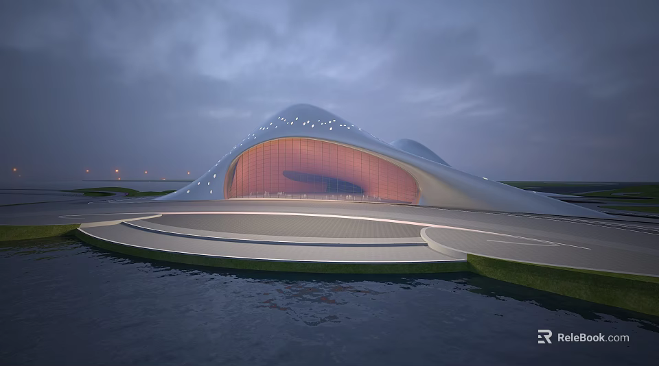 Modern Architectural Building with Curved Design Red Interior Water Surrounding Circular Plaza 3d model 