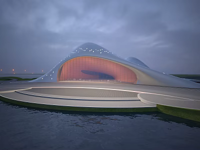 Modern Architectural Building with Curved Design Red Interior Water Surrounding Circular Plaza 3d model