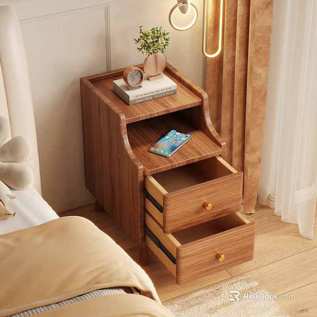 Wooden Nightstand With Two Drawers Clock Books Potted Plant And Mobile Phone In Bedroom 3d model 