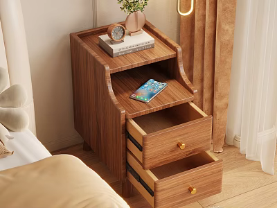 Wooden Nightstand With Two Drawers Clock Books Potted Plant And Mobile Phone In Bedroom 3d model
