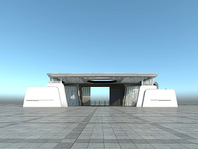 Modern Entrance Gate With Sleek Lines And Symmetrical Structure In Spacious Plaza Under Clear Sky 3d model