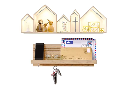 House Shaped Wall Cabinets With Decorative Figurines Cross Bicycle And Shelf Holding Phone Envelopes Keys 3d model