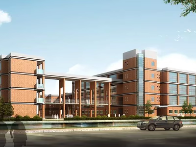 Modern Red Brick School Buildings With Connected Wings Large Windows And Parked Car 3d model