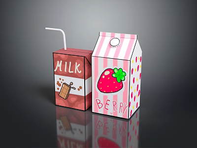 Milk and Berry Beverage Cartons with Strawberry Design and Red Pink Striped Packaging 3d model