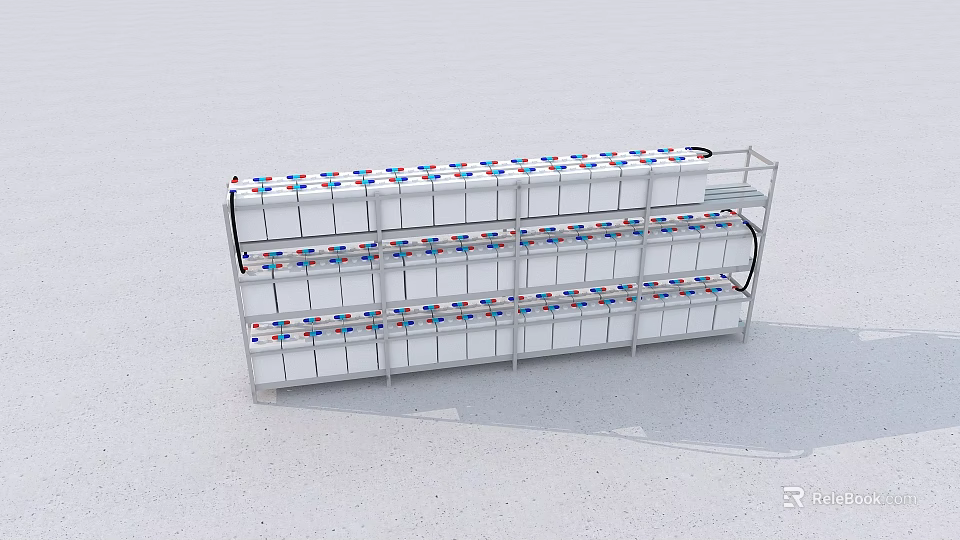 Multi Layer Battery Storage Rack With White Units Red Blue Markers And Black Cables 3d model