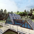 Modern Detached Villa Featuring Sloped Roof Glass Windows Wooden Deck and Lush Green Surroundings