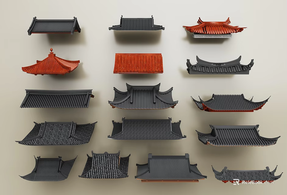 Chinese Traditional Roof Components With Black Red Tiles And Various Classic Styles 3d model 