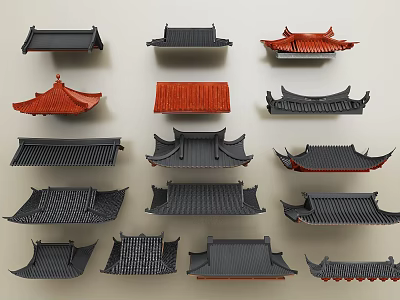Chinese Traditional Roof Components With Black Red Tiles And Various Classic Styles 3d model