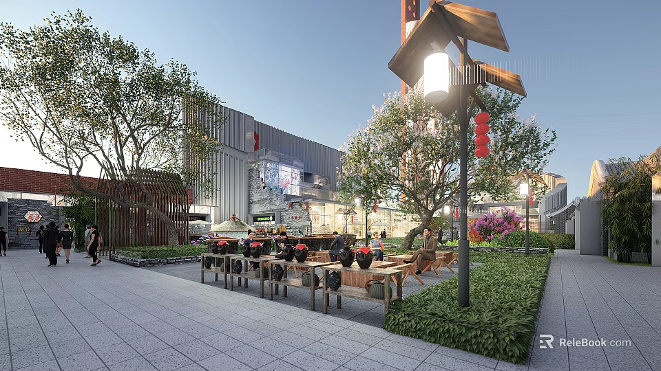Commercial Landscape With Modern Building Outdoor Seating Trees Lanterns And Greenery 3d model 
