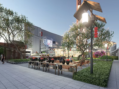 Commercial Landscape With Modern Building Outdoor Seating Trees Lanterns And Greenery 3d model