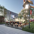 Commercial Landscape With Modern Building Outdoor Seating Trees Lanterns And Greenery