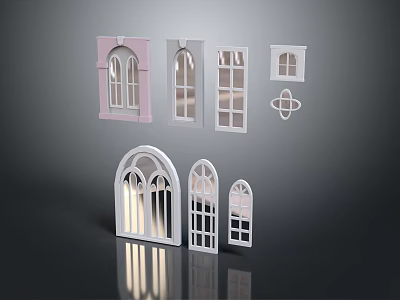 Various Styles Decorative Window Models with Arched Rectangular Designs Pink White Colors and Circular Decor 3d model