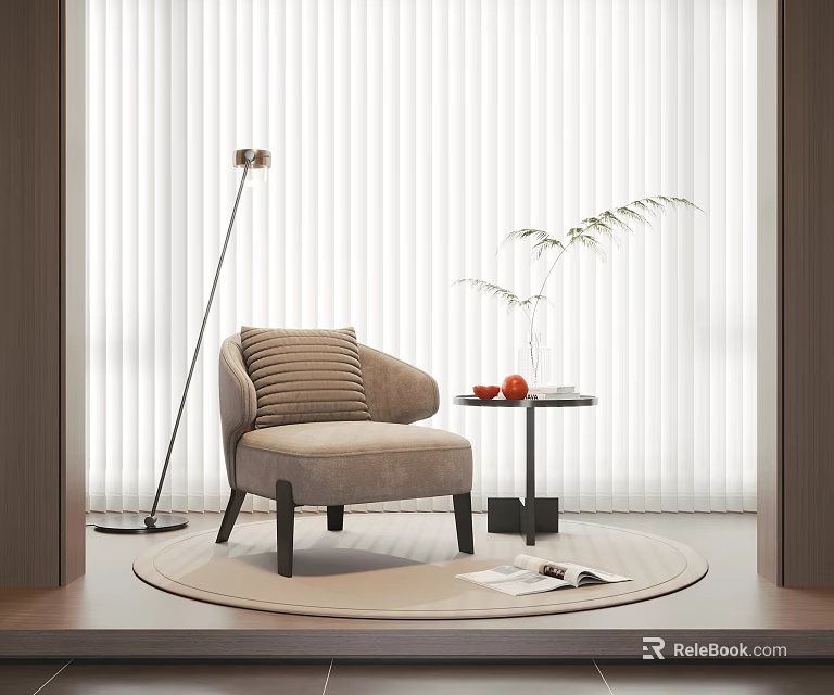 Modern Single Sofa Living Room Interior With Floor Lamp Side Table Plant And Round Rug 3d model 