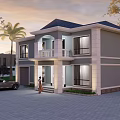Modern Two Story Detached Villa With Garage Sports Car Driveway And Palm Trees At Sunset