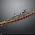 Detailed 3D Model of Battleship with Gray Superstructure Red Hull Turrets and Smokestack on Deck