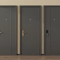 Three Gray Security Doors Side by Side with Simple Design on Wooden Floor 3d model